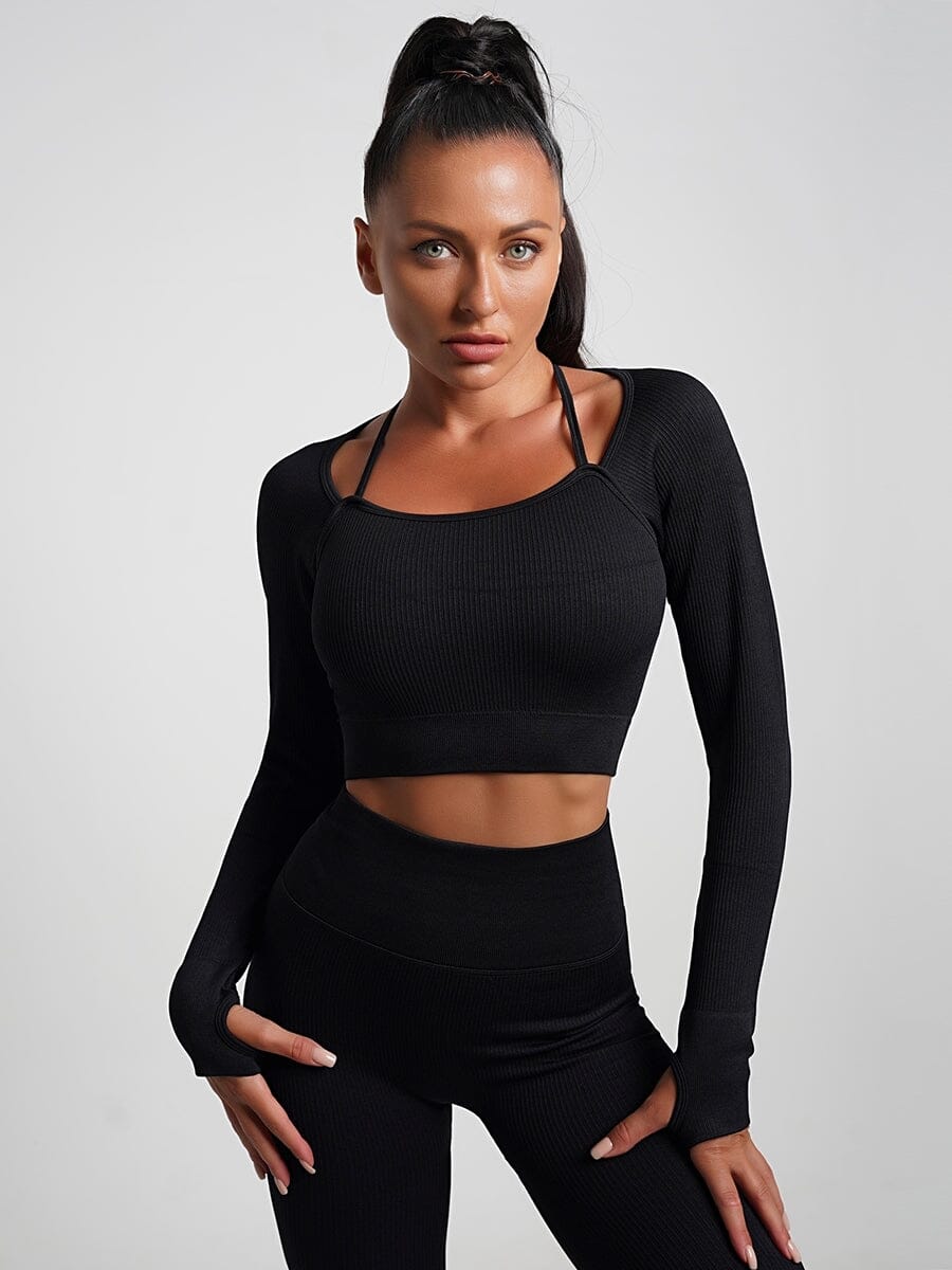 Crop Top Plissé Manches Longues Sport Crop Top helankezatrening.com sa Noir