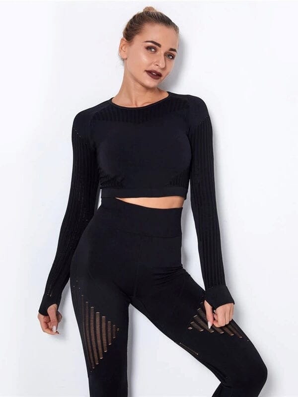 Crop Top Sport Manches Longues Respirant Crop Top helankezatrening.com : Legging Femme | Vêtements de Sport XS Noir