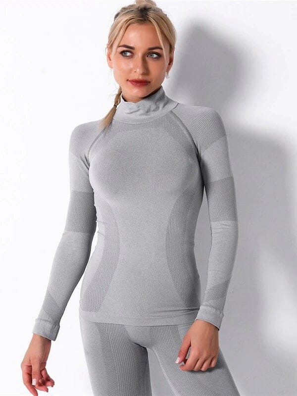 T-Shirt Sport Manches Longues Sans Couture, KindyFit T-Shirt helankezatrening.com : Legging Femme | Vêtements de Sport sa Gris