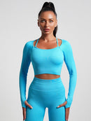 Crop Top Plissé Manches Longues Sport Crop Top helankezatrening.com sa Bleu ciel