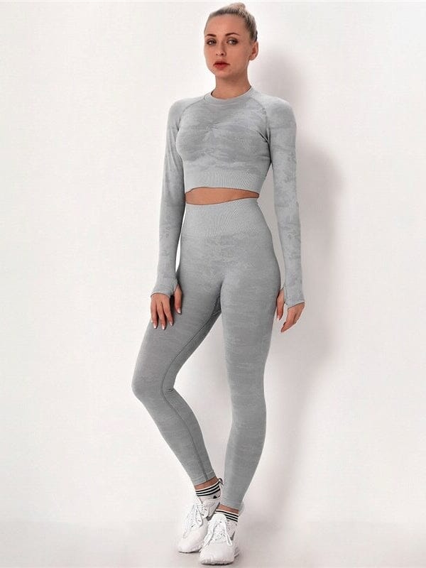 Ensemble Sport Camouflage Legging et Crop Top Ensemble Sport helankezatrening.com : Legging Femme | Vêtements de Sport sa Gris