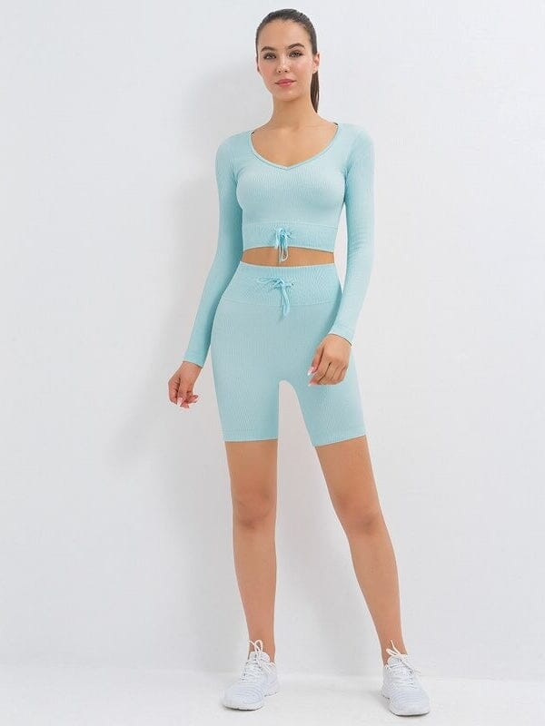 Ensemble Sport Côtelé Short et Top Ensemble Sport helankezatrening.com : Legging Femme | Vêtements de Sport sa Bleu