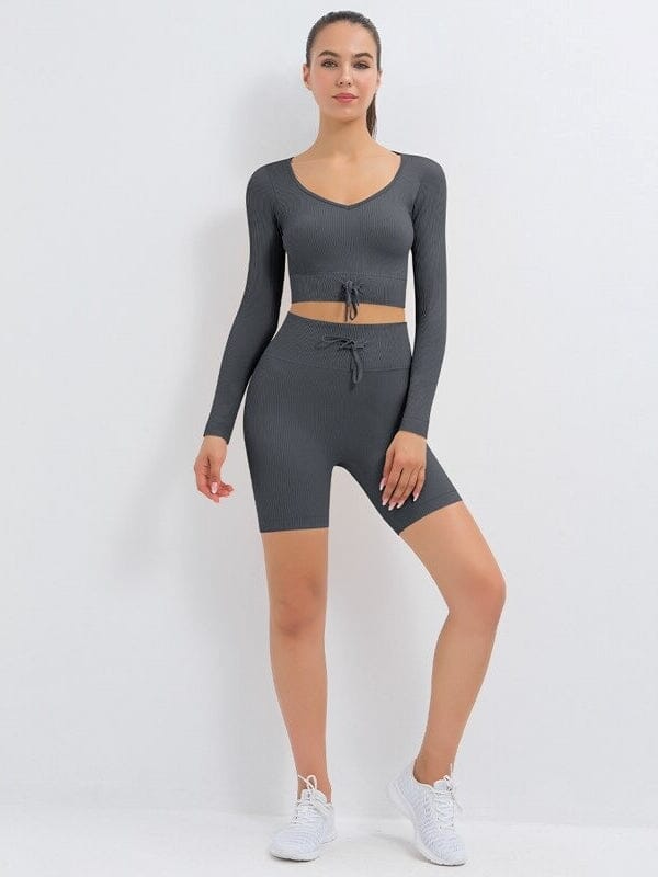 Ensemble Sport Côtelé Short et Top Ensemble Sport helankezatrening.com : Legging Femme | Vêtements de Sport sa Gris foncé