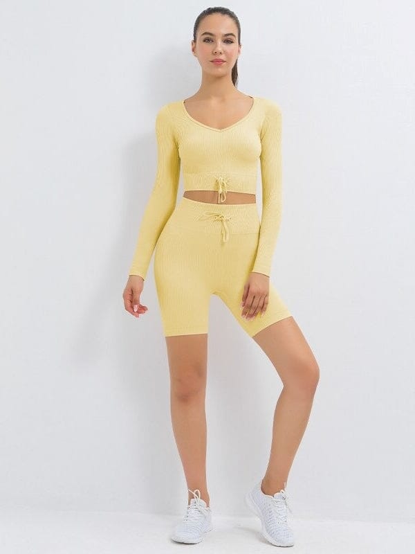 Ensemble Sport Côtelé Short et Top Ensemble Sport helankezatrening.com : Legging Femme | Vêtements de Sport sa Jaune